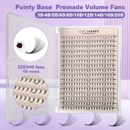 360/640 Premade Volume Fans 16 Rows Cils Bouquet Prefaits Promade Lashes Pointy Base Mid Stem Pro Made Fans Lash Fans Pre Made