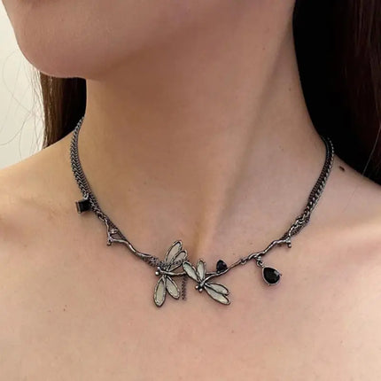 Sweet Cool Gun Black Fantasy Dragonfly Necklace for Women Gothic Black Tassels Choker Niche High-End Clavicle Chain Jewelry