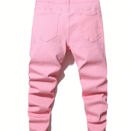 Men's Stretchy Ripped Denim Jeans Slim Fit Straight Trousers Elastic Waist Patchwork Holes Tearing Streetwear Casual Pants