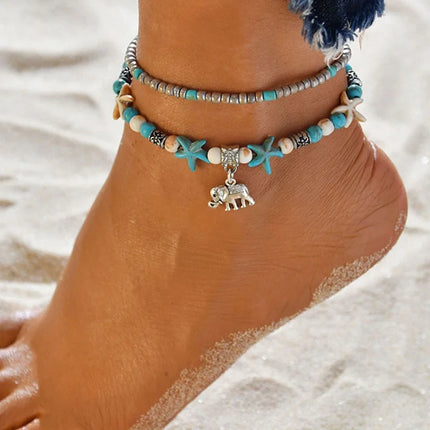 Beach Boho Wave Sea Star Dolphin Turquoise Bead Turtle Foot Chain Anklet  For Women Jewelry