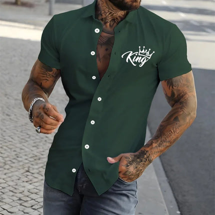 2026 New Men's Short-Sleeve Shirt, Stylish Crown Print Pattern, Slim Fit, Versatile, Simple Shirt, Multiple Colors Available