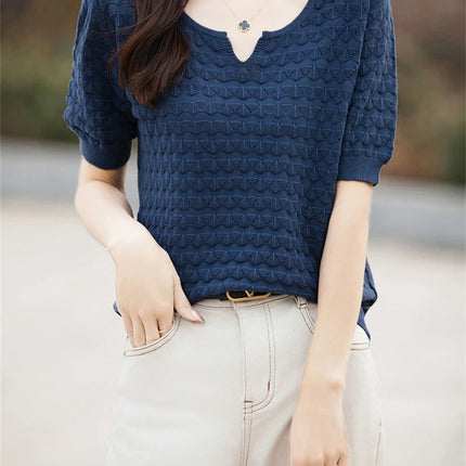 Women's T-shirt Summer New 100% Pure Cotton Tees Casual Solid Knitted Short sleeved V-neck Pullover Loose Tops Fashion Sweater