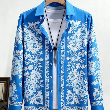 Men's New Long-sleeved Plant Vine French 3D Printed Shirt Hawaiian Beach Vacation Outdoor Party Outer Wear Xmas Shirt Dress Man
