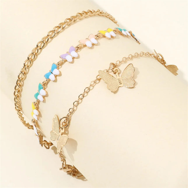 3pcs/set Layered Butterfly Anklet Set: Stackable Foot Jewelry for Beach Days & Free-Spirited Style.