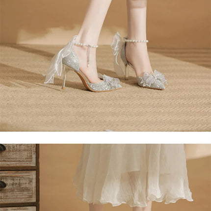 Spring Pointed Toe Party Wedding Shoes for Women, Bride Bow Thick Heel Silver Sequin Fairy Lolita Style Single Shoes
