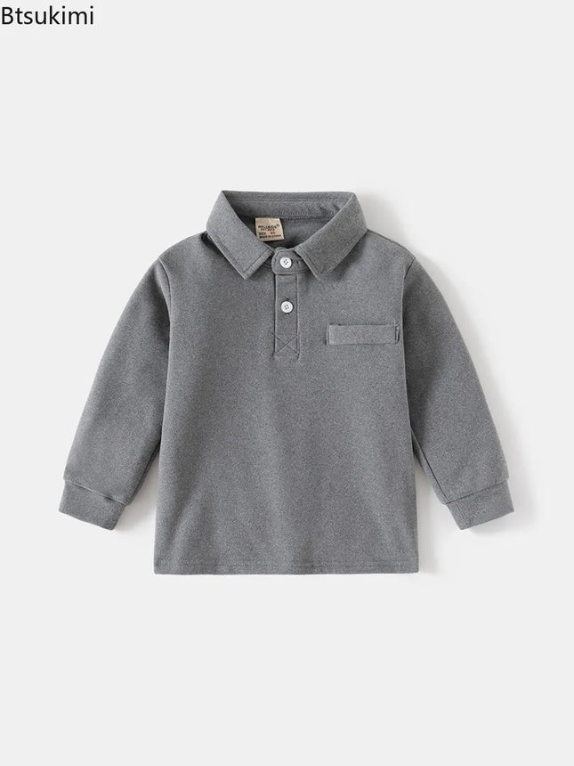 2026 Children's Solid Color POLO Shirt Boy Handsome Fashion Sports Long Sleeve Sweatshirts Autumn Casual Loose Tops Kids Clothes