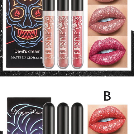 Lip Gloss in a Box of Three, Pearlescent Lipstick in a Non-Stick Cup, Shiny Purple and Black Lip Gloss Set