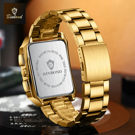 BINBOND Luxury Quartz Watch for Men Golden Square Large Dial 30M Waterproof Leather Strap Wrist Watches Date Display Men's Watch