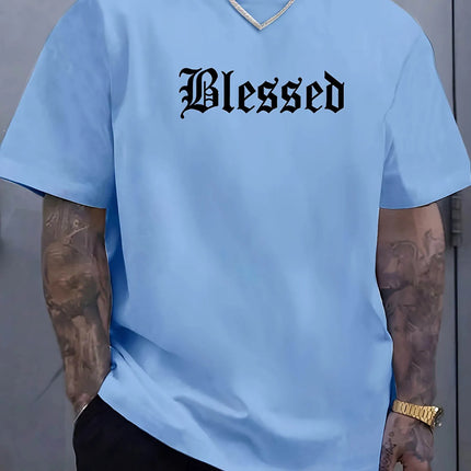 Men's summer 100% pure cotton fashionable casual loose Blessed letter pattern printed sports round neck short sleeved T-shirt