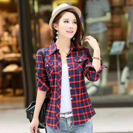 Slim Fit Plaid Long Sleeve Women's Shirt Qiang Yixuan Brand Autumn New Korean Version Cotton Button-Up Shirt