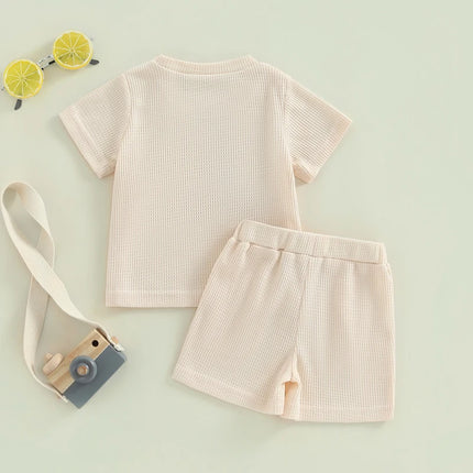 Toddler Boys Summer Outfit Sets Short Sleeve Letter Print Tops Solid Color Drawstring Shorts