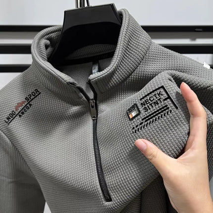 Trendy Long Sleeve Polo Shirt Men's Loose Fit Patchwork Color Embroidered Letter American Retro Half Zip Sweatshirt