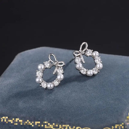 Fashion Lmitation Pearl Crystal Bow Stud Earring For Women Girl Fashion Cute Loreanearrings Party Trending Jewelry Wholesale
