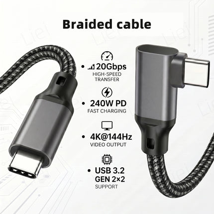 20Gbps 5K/4K Monitor Display Cable L-shaped USB Type C Data Cable Right Angle 90° USB3.2 Gen2x2 Data Transfer 240W PD Charging