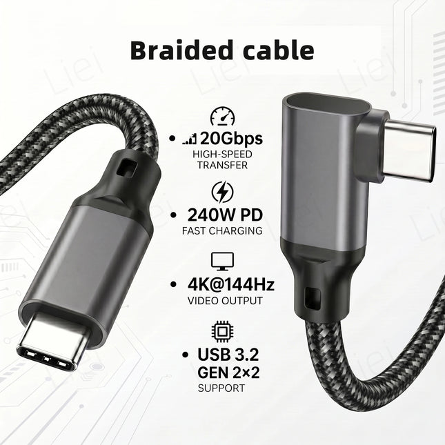 20Gbps 5K/4K Monitor Display Cable L-shaped USB Type C Data Cable Right Angle 90° USB3.2 Gen2x2 Data Transfer 240W PD Charging