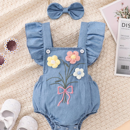 Baby Girl Soft Denim 3D Flower Embroidered Flutter Overall Romper + Bow Headband, Cute 2-Piece Outfit