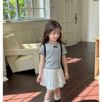 Girls' 1-12Y Korean-Style Knitted Lace-Trimmed Short-Sleeve Summer Ruched Tops: Trendy, Breathable, Bow Tie, Versatile Tee