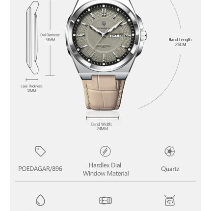 POEDAGAR High Quality Fashion Men's Wristwatch Waterproof Luminous Date Week Business Quartz Men's Watches Leather Men Watch Reloj