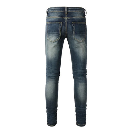Men Black Leather Patches Denim Jeans Streetwear Skinny Tapered Pants Holes Ripped Dark Blue Stretch Trousers