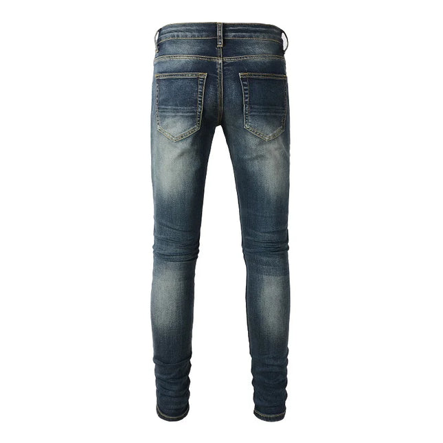 Men Black Leather Patches Denim Jeans Streetwear Skinny Tapered Pants Holes Ripped Dark Blue Stretch Trousers
