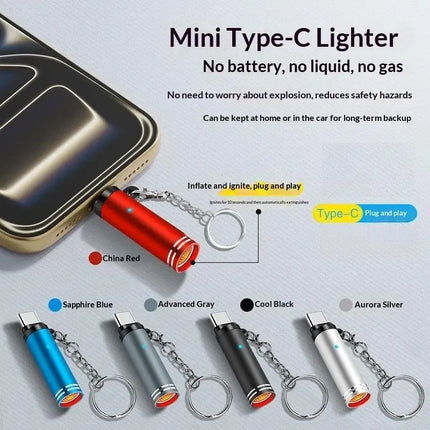Type-C Safety Air Blowing Lighter Mini Flameless USB Rechargeable Windproof Portable for Camping Hiking Survival Emergency