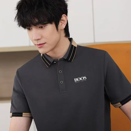 Men's New Embroidered Short Sleeved Striped Grid Polo Shirt, Business Casual Fashionable Breathable Clothing, Youthful Fashion,