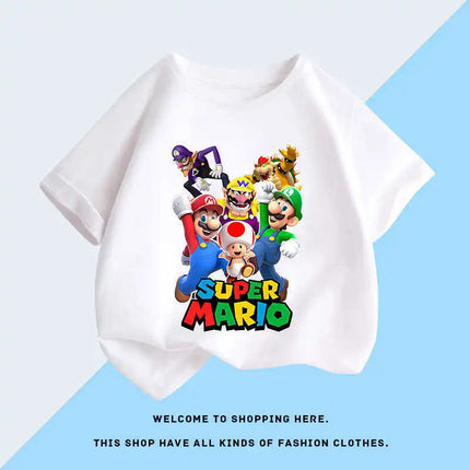 New Super Mario and Luigi Anime Children's Cotton Short-sleeved T-shirt, Cartoon Game Trendy Top for Boys' Casual Short Sleeves.