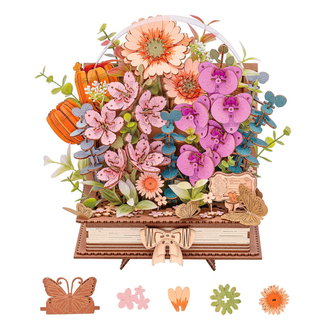 Rolife 3D Puzzle Wooden Blooming Book DIY Artificial Flower Bouquet Model Building Kit for Home Decor Wedding Mother's Day Valentine's Day Gift for Women Adults
