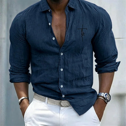 Men's Casual Linen-Like Shirt, 'Faith' Print, Roll-Up Long Sleeve, Button Down, Loose Fit, Beach & Daily Tops