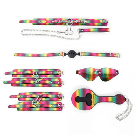 Rainbow BDSM Kit PU Leather Restraints with Handcuffs Cuffs Collar Leash Blindfold Ball Gag Paddle for Couples Role Play Sex Toy