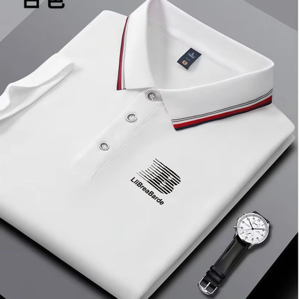 Men's Summer Polo Shirt, Brand Print, Short Sleeved Striped Collar, Summer Breathable Casual Business Top