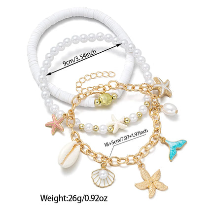 3 pieces of beach style alloy starfish shell tassel multi-layer layered soft ceramic imitation pearl women's ankle chain