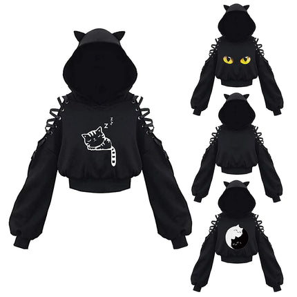 Women Autumn Teen Girls Crop Hoodie Long Sleeve Cold Shoulder Cute Cat Ear Pullovers Hooded Sweatshirt Tops Y2K E-Girls Clothes