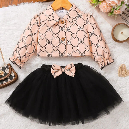 Baby Girl Casual Spring Autumn Heart Print Top + Black Tulle Skirt Two-Piece Set Infant Clothing Outfit