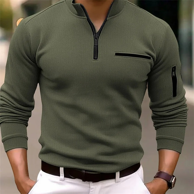 New men's long-sleeved striped POLO shirt with zipper collar, retro style sports and outdoor casual tops