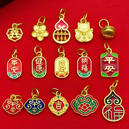 10/15pcs Antique & Sand-Gold Alloy Pendants for Wealth, Prosperity, and Good Fortune. DIY Chinese-style Charms for Bracelets