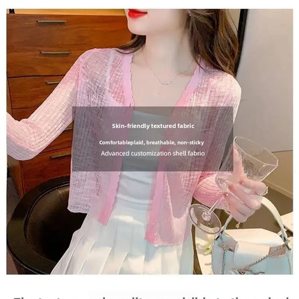 Slim Fit Knitted Long Sleeve Short Cardigan Women's Summer New Style Korean Version Thin Outerwear Pure Color Sun Protection Shi