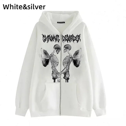 Hoodies Coat Womens Fun Skeleton Butterfly Patchwork Zip Up Hooded Jacket Loose Comfy Oversized Sweatshirt Girls Long Sleeve Top