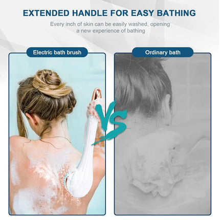 Electric Bath Brush Long Handle Body Scrubber Waterproof Shower Brush with Replaceable Heads for Back Feet Body Cleaning Massage