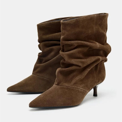 Liyke Brown Retro Elegant Designer Ankle Boots Women Fashion Pleated Suede Autumn Winter Low Thin Heels Party Prom Chelsea Shoes