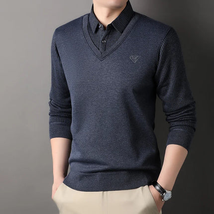 Autumn and Winter New Collection with Fleece Fake Two Piece Long Sleeved Polo Shirt for Men Fashionable and Casual Versatile Top