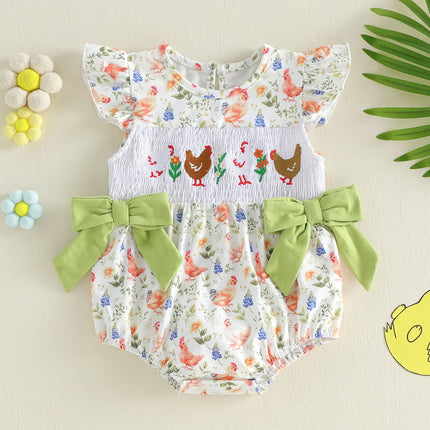 Infant Baby Girls Romper Fashionable Farm Chick Printed Flying Sleeve Smocked Ruffle Jumpsuit