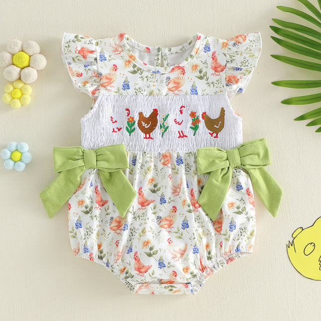 Infant Baby Girls Romper Fashionable Farm Chick Printed Flying Sleeve Smocked Ruffle Jumpsuit