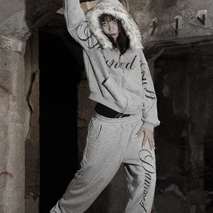 Y2K Retro Gothic Fur Collar Zipper Hoodie Women Trendy Brand Clothing Suit Harajuku Fashion Loose Oversized Sweatpants Men