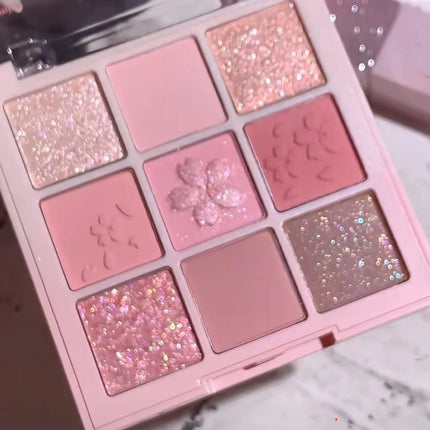 Pink Sakura 9-Color Eyeshadow and Blush Palette, Shimmer and Matte, Embossed Cherry Blossom Design for Makeup Lovers‘s Festival