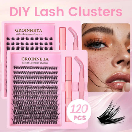 DIY Lash Extension Kit 120pcs Lash Clusters  8-16mm Individual Lashes Kit with Lash Bond and Seal, Tweezers for Self Use Makeup
