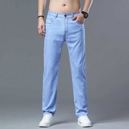 Lyocell Jeans Summer Ultra-Thin Elastic Straight Men's Denim Pants Fashion Korean Soft Drape Cool Business Casual Trousers