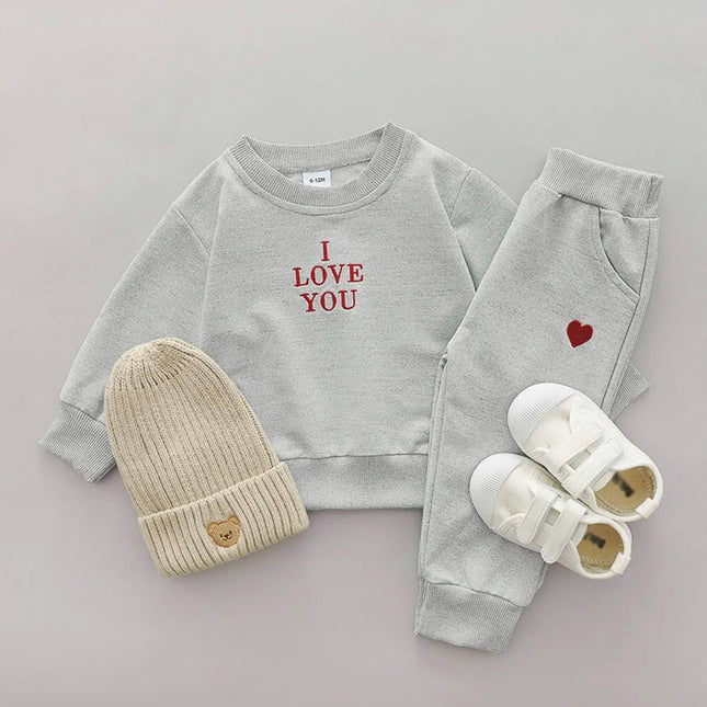 2pcs Infant and Toddler Long-Sleeved Heart-Shaped Letter Crew Neck Pants Set, Two-Piece Gift Set for Children