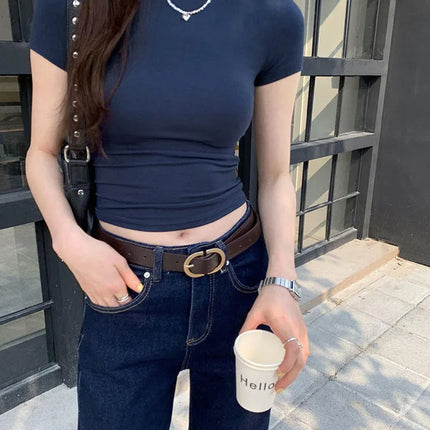 Basic Solid Crop Top Short Sleeve Crewneck Skinny T-shirt Summer Casual Tee for Women Y2K Vintage Top Harajuku Streetwear