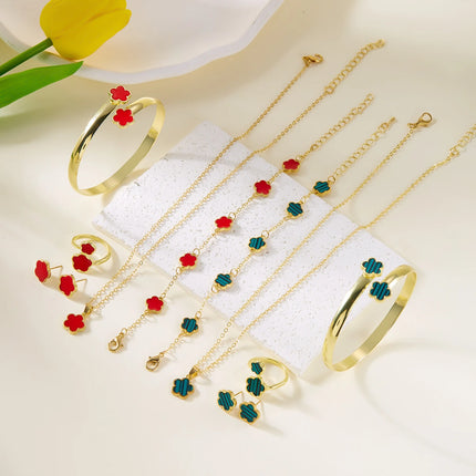 5pcs/set Colorful Enamel Plum Blossom Bracelets for Women Lucky Five Leaf Flower Necklace Earring Elegance Party Jewelry Gifts